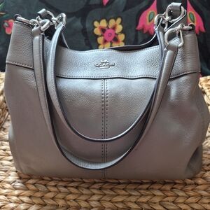 Coach Lexy Shoulder Bag in Fog, 3 Compartments, Gray Pebbled Leather